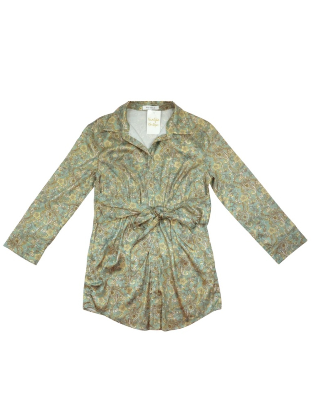 NWT Moodie Sage & Gold Tie Waist Shirt Dress Size M